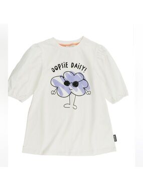 LOUD APPAREL Organic Cotton Girls White Puff Sleeve “Oopsie Daisy” Dress Size 14